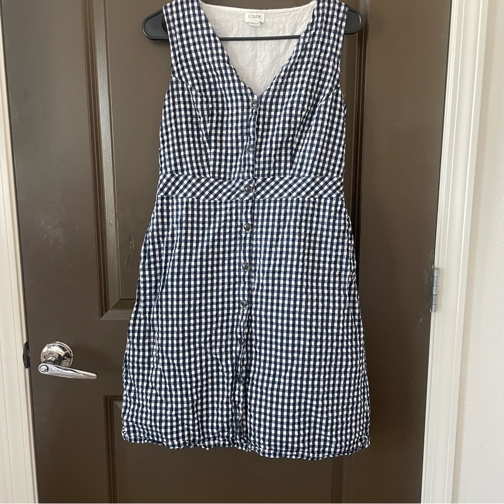 J. Crew Preppy Navy Blue and White Gingham Button Down Dress Size 10